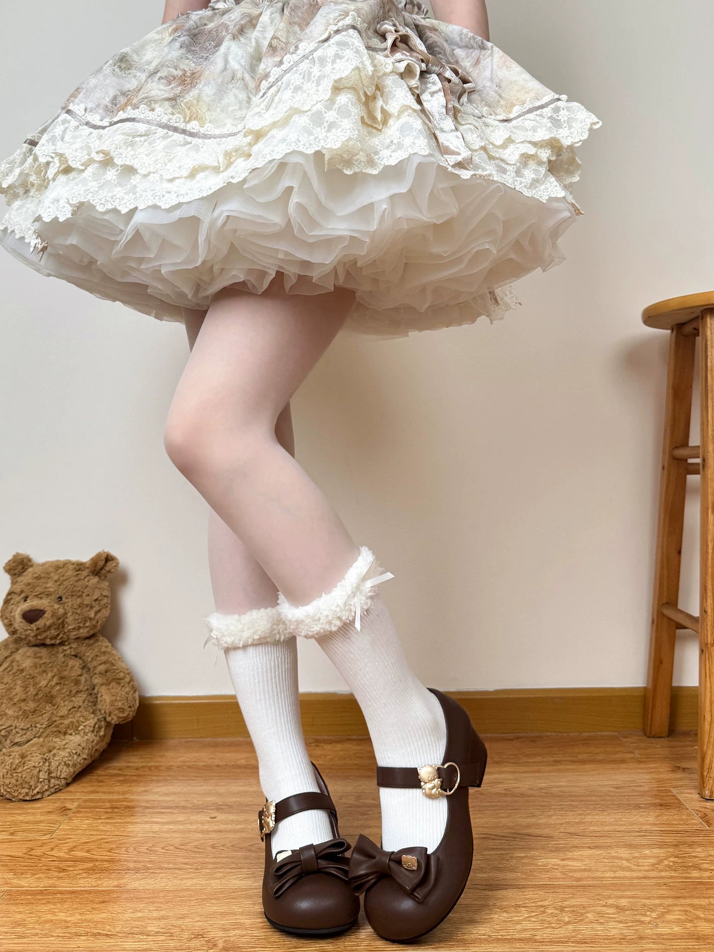 Chubby Bear Tales - Fleece Bow Layers - Fluffy Mid-Calf Socks with Ribbon Cuffs