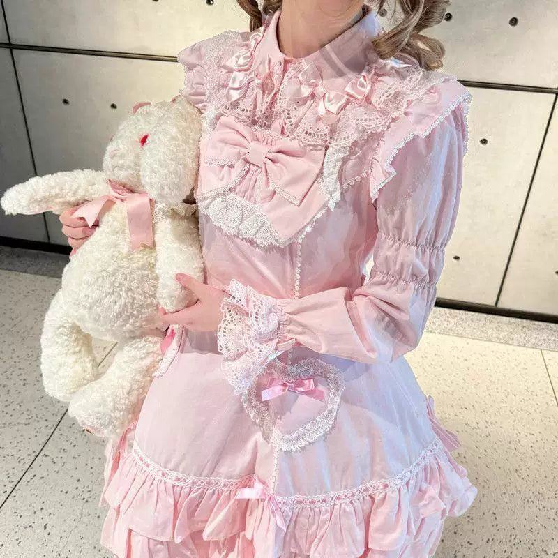 Sweetheart Dream Machine - Vintage Doll Collar - Blouse with Lace Trim, Bow Accents and Ruffled Hem