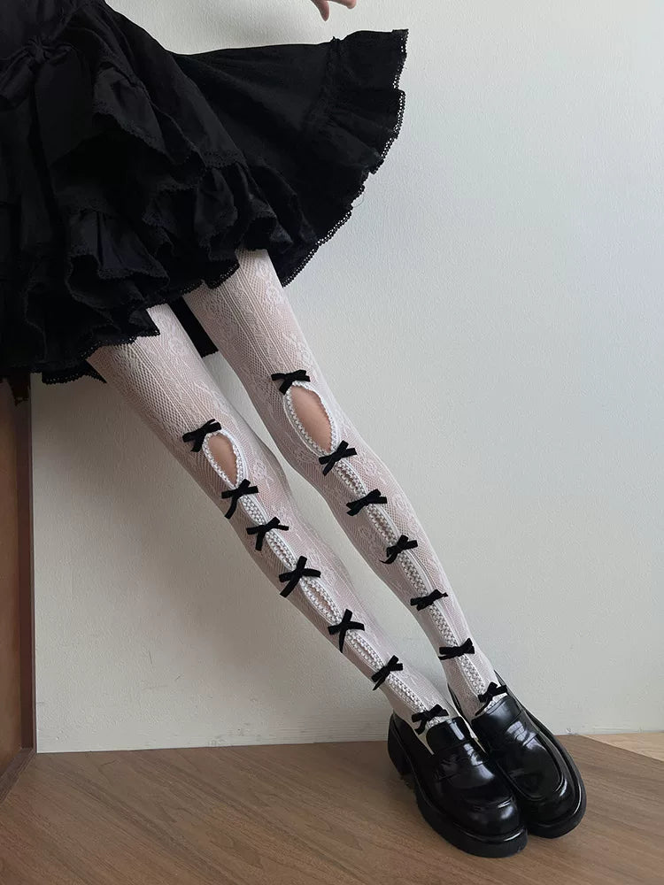 Sock Noble - Bow Lace Cutout - Tights with Openwork Lace Panels