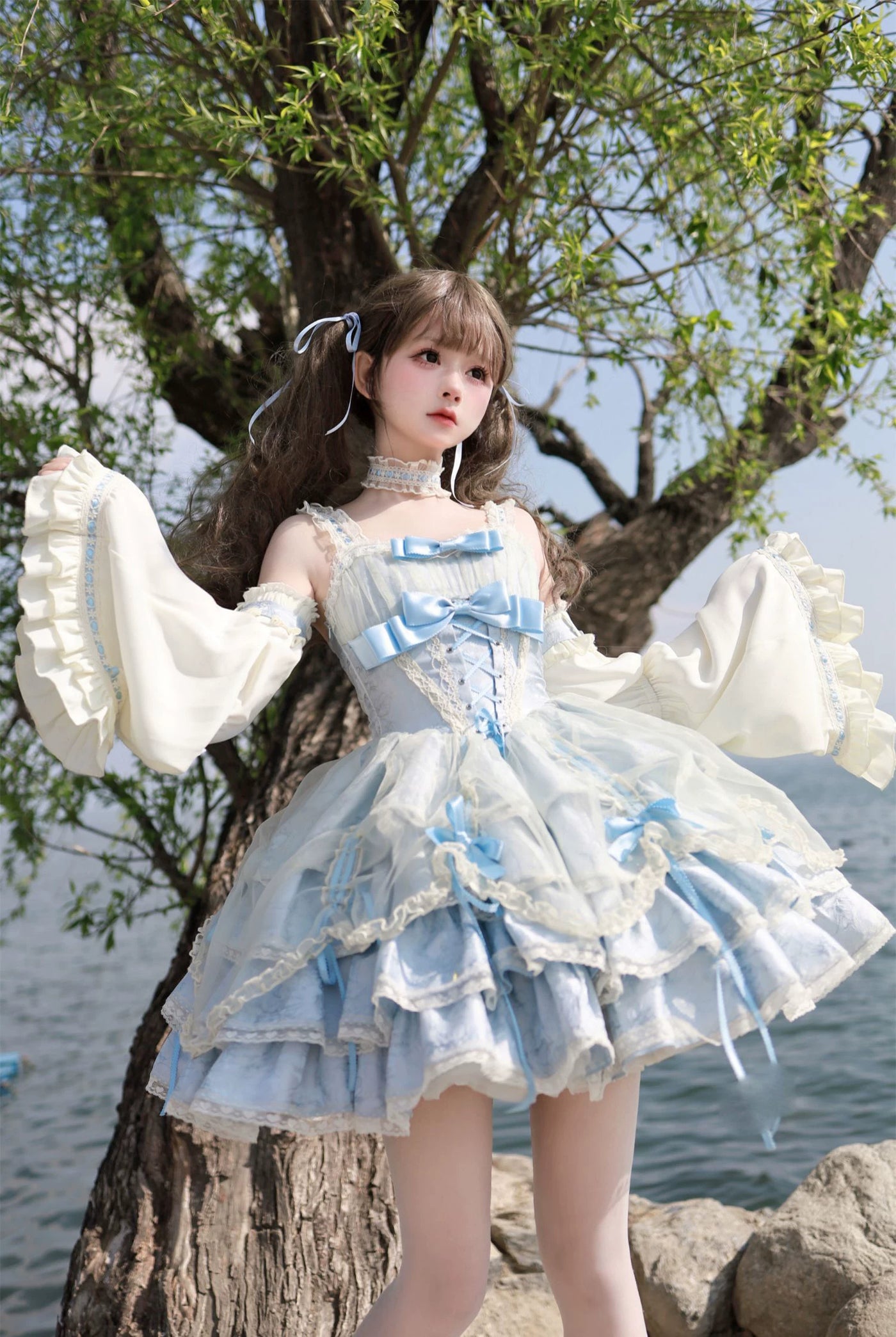 Creamy - Apricot Blue - Apricot-blue JSK dress with lace-trimmed sleeves