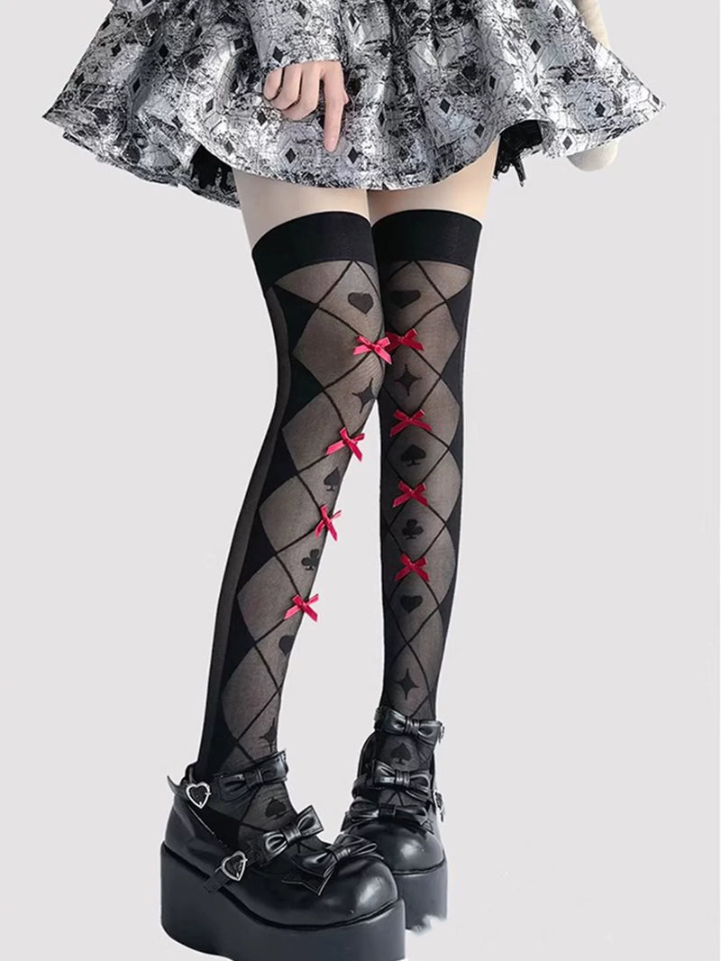 Fantasy Doll - Ribbon Jacquard - Over-the-knee jacquard socks with card-suit motifs