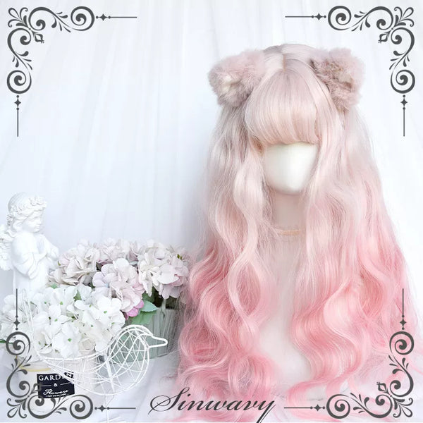 Pink-beige gradient long curly Lolita wig - view 1