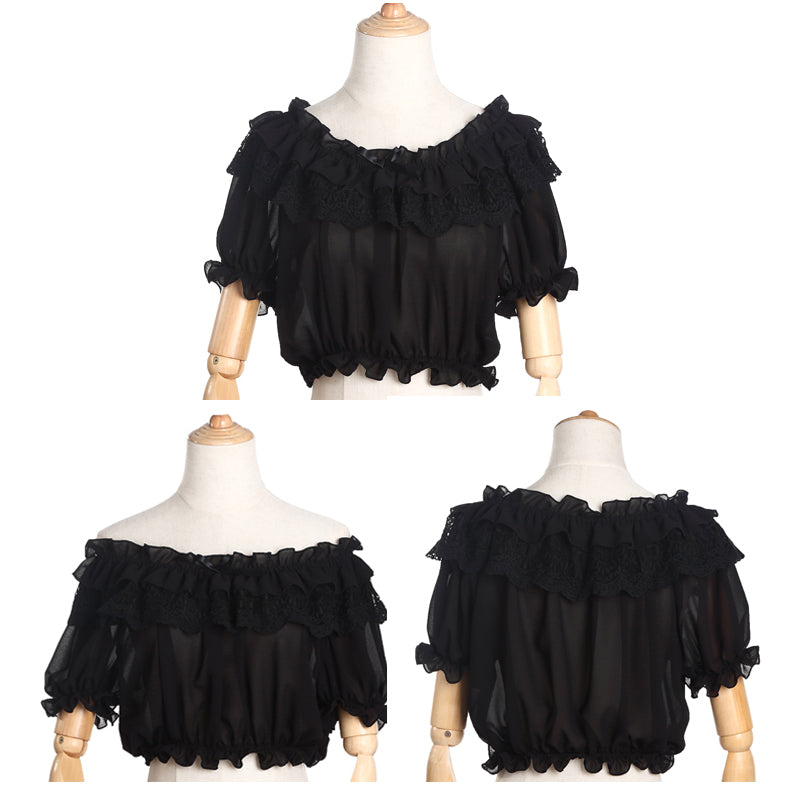 ZhiJinYuan - Open Shoulder - Open-Shoulder Blouse with Lace and Ruffle Hem - product detail 5