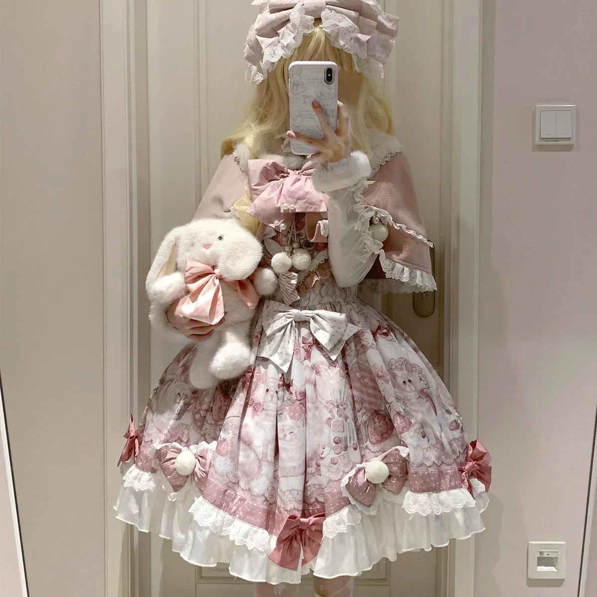 Matutu - Dessert Catlets - Sweet Lolita JSK dress and faux-fur collar cape set with cat and strawberry prints - product detail 9