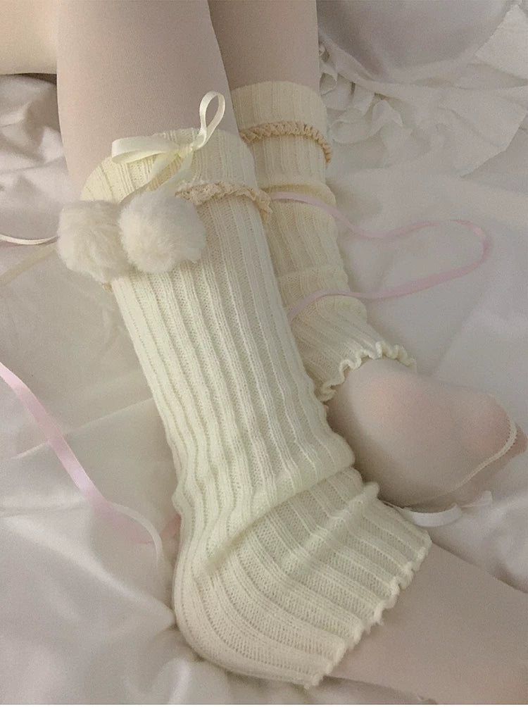 roji roji - Lace Pom-Pom - Knit Leg Warmers with Lace Edging, Ribbon Ties and Handmade Pom-Poms
