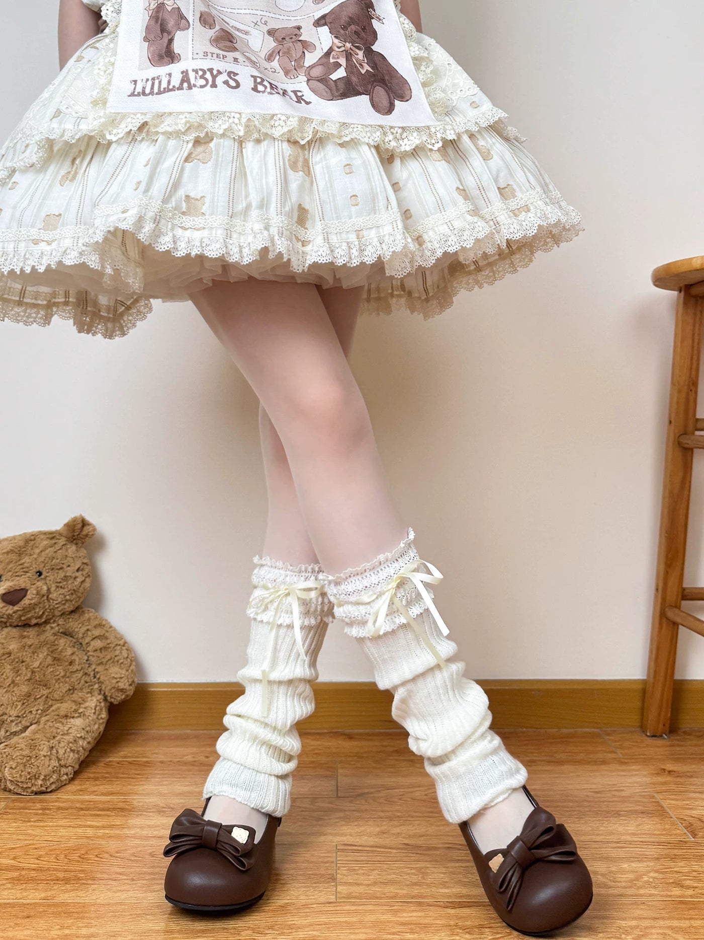 Chubby Bear Tales - Ribbon Scrunch Layers - Knit Leg Warmers with Lace Cuffs and Ribbon Ties