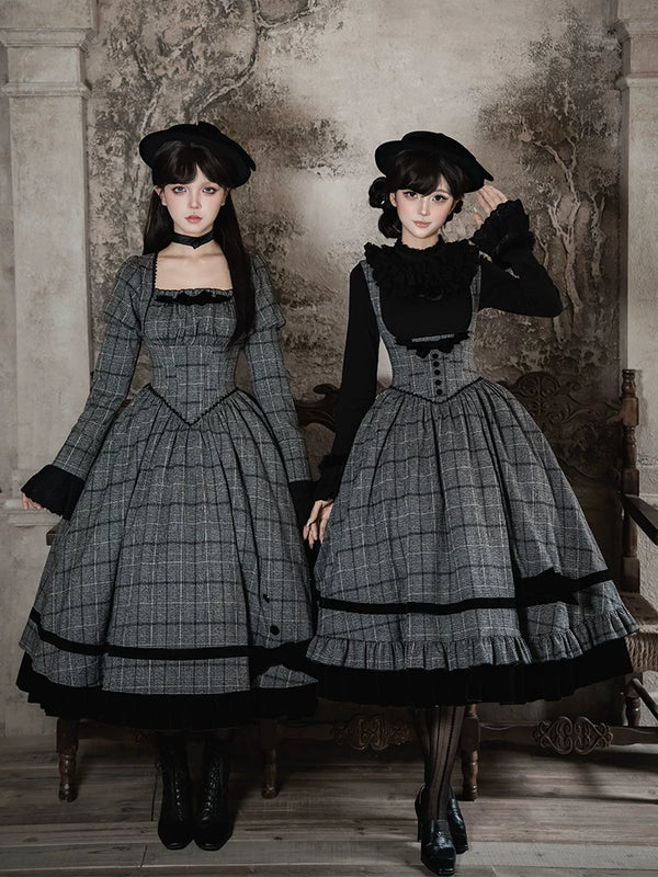 With PUJI - Yesterday's Epistle - Winter Classic Lolita Plaid Dress Set, Fishbone Waist product view