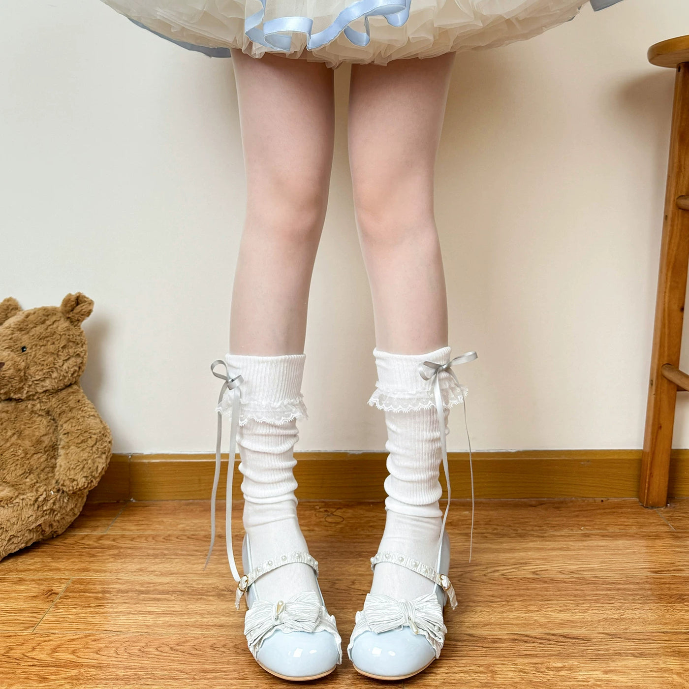 Chubby Bear Tales - Cream Ballet - Slouch Calf Socks with Lace Cuffs and Bows