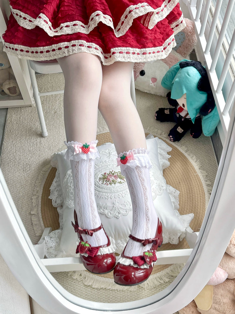 Fantasy Doll - Strawberry Ribbon - Lace mid-calf socks with strawberry bows