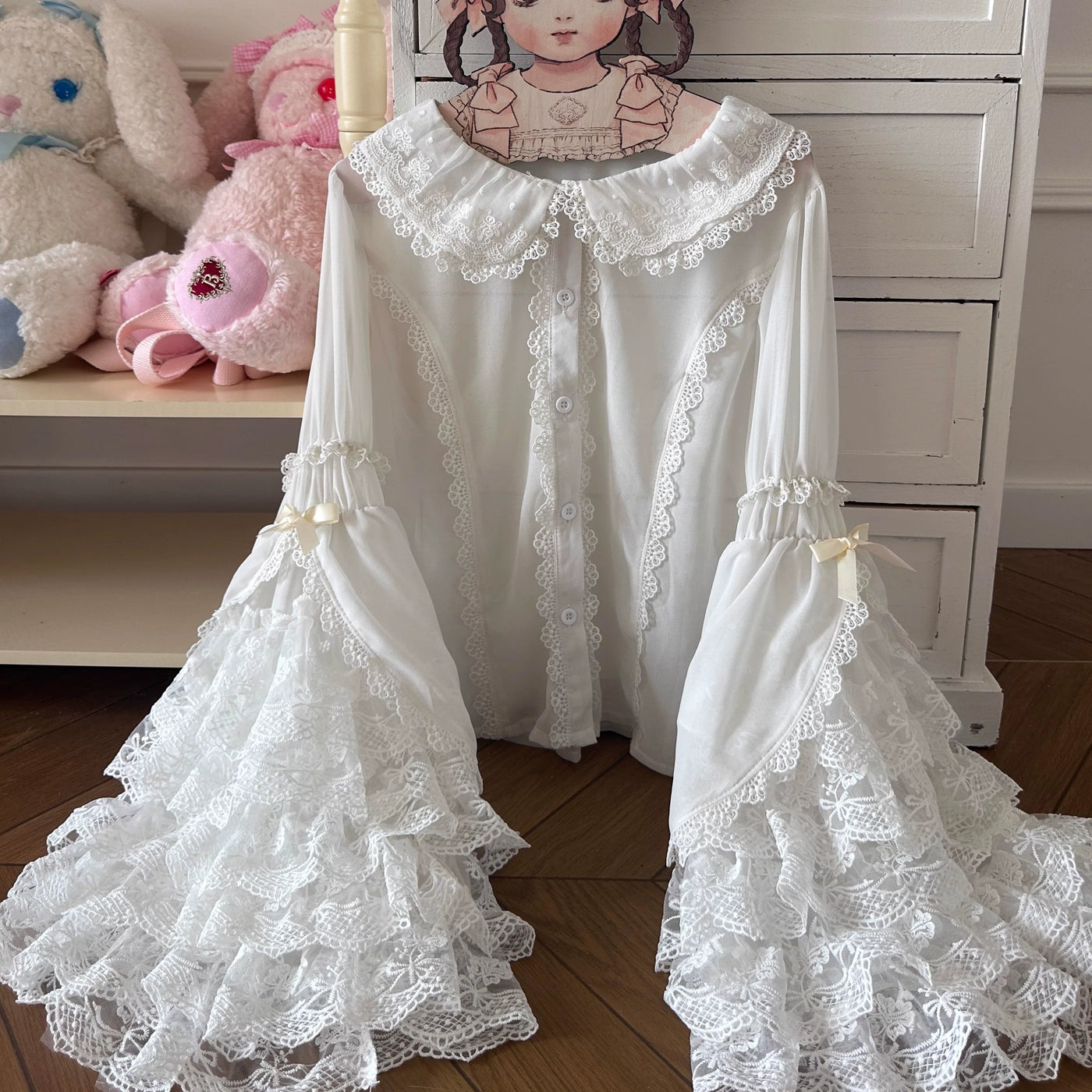 Thousand Wood - Doll Inspired Lace - Chiffon Inner Blouse with Layered Lace Sleeves