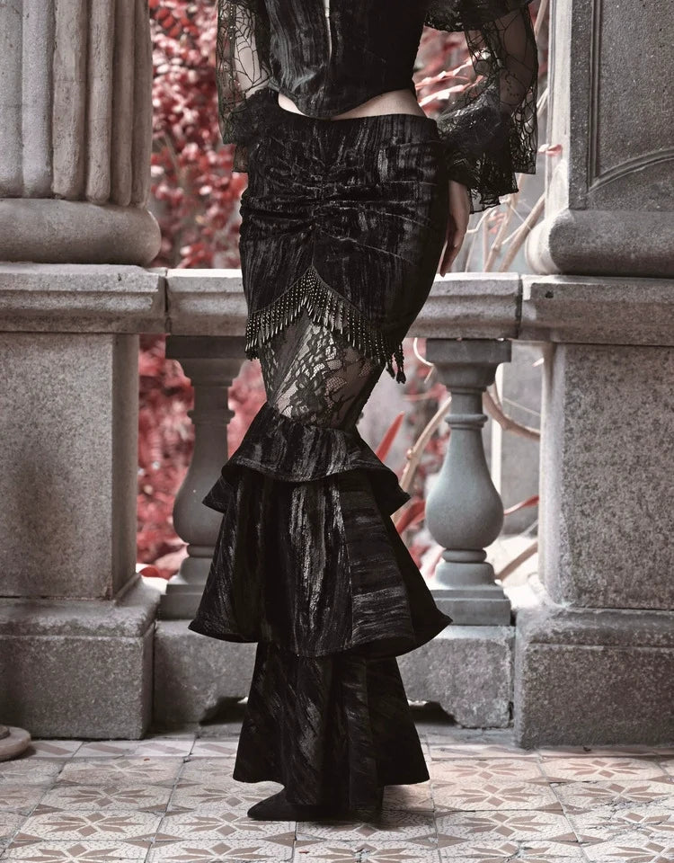 BLOOD SUPPLY - Duchess - Gothic Lolita Velvet Mermaid Skirt with Layered Frills - product detail 2