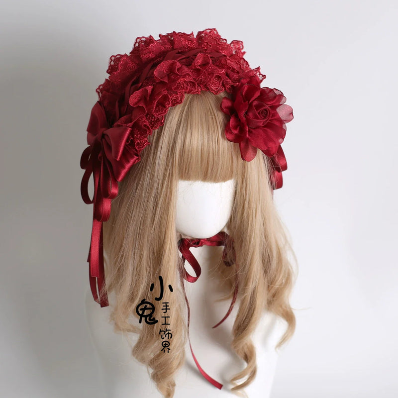 Xiaogui - Dark Red Gorgeous Headdress - Floral Veils Headwear