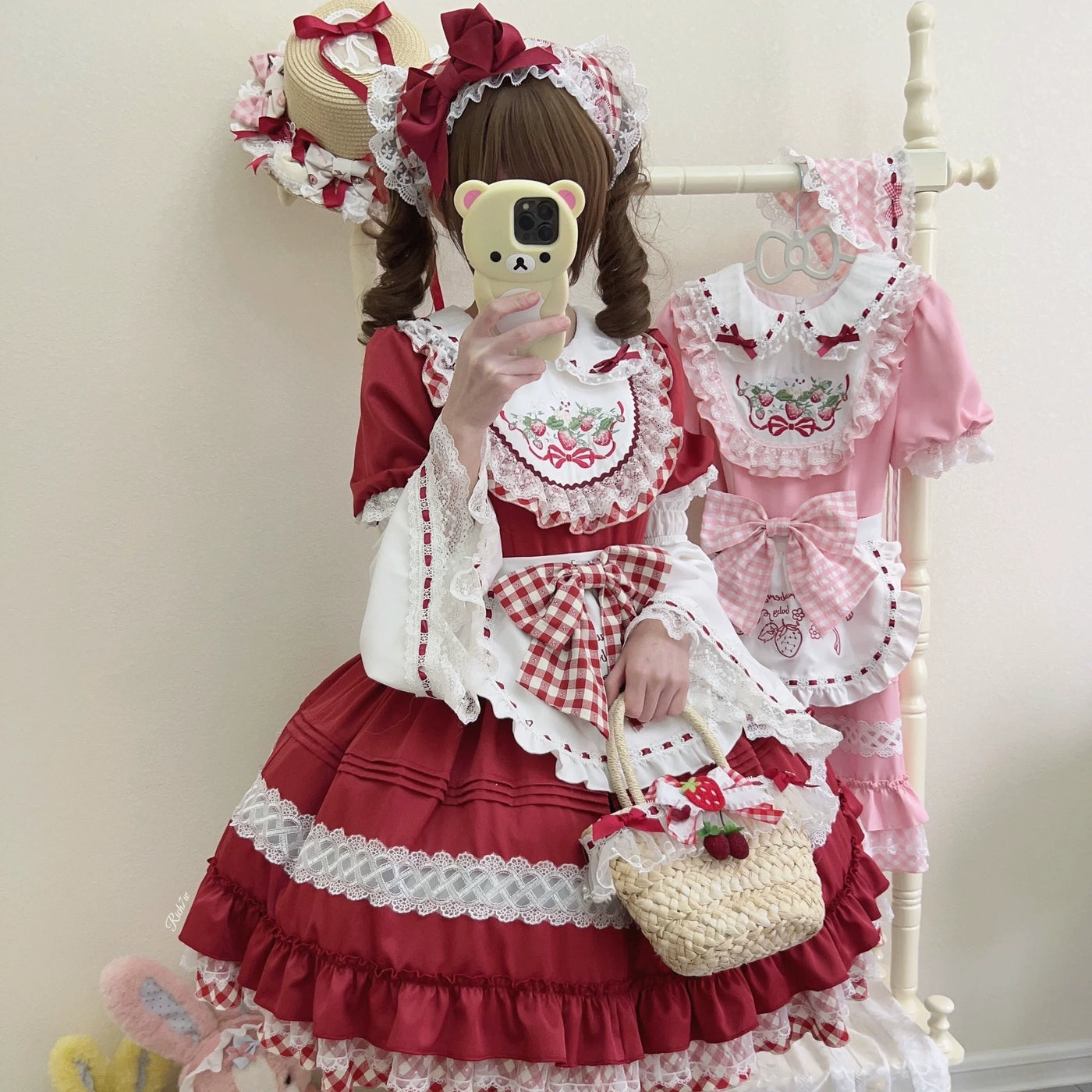 Strawberry Tea - Sweet Red Lolita OP Dress Short Sleeve Apron Dress S A pair of sleeves
