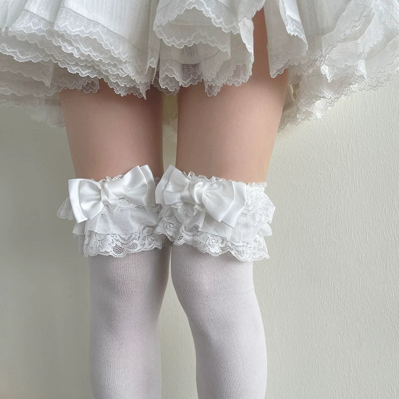 Sock Noble - French Lace Bow - White or Black Lace Socks with Three-Layer Trim