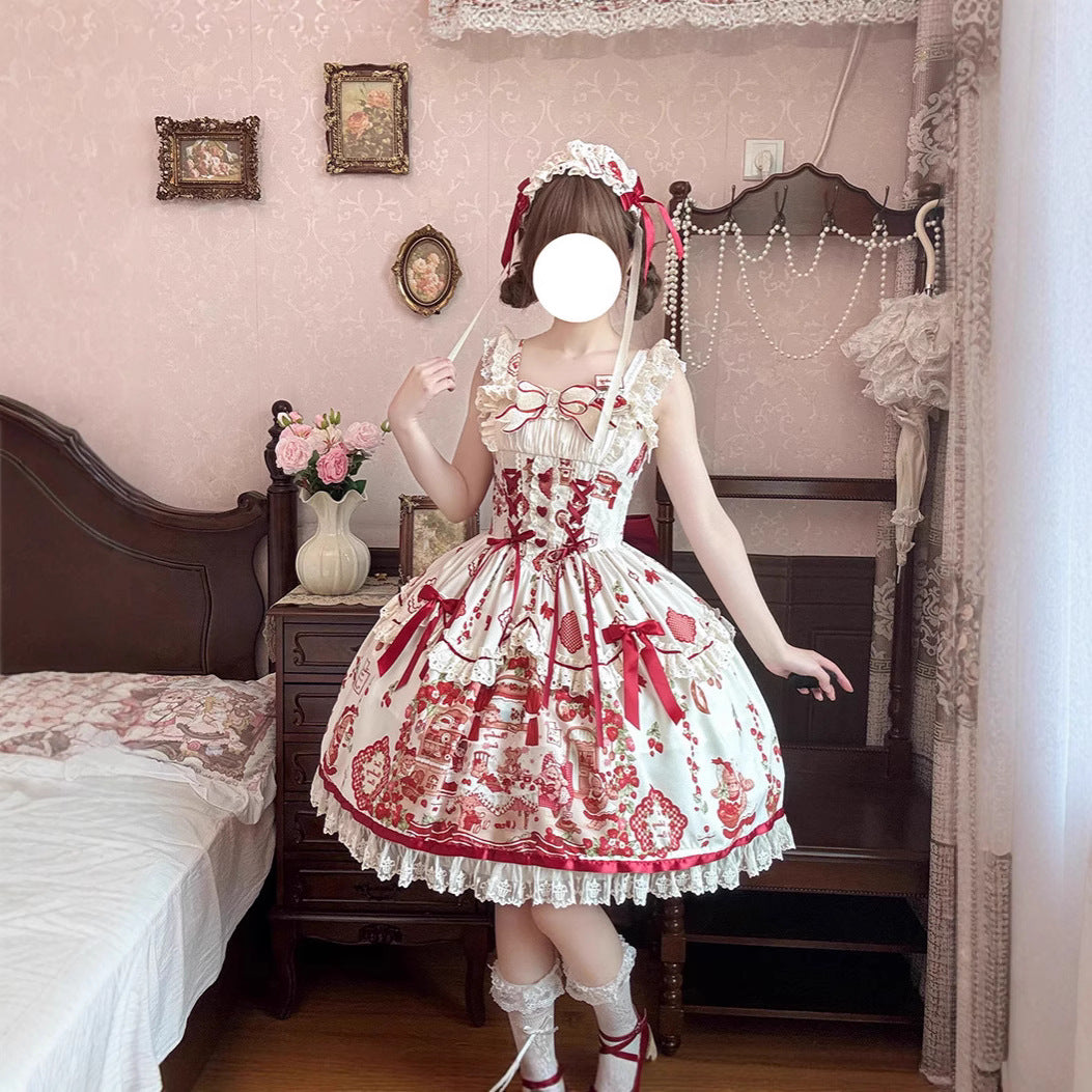 ZhiJinYuan - Strawberry Bear -  Strawberry Handle Printed Sweet Lolita JSK Dress