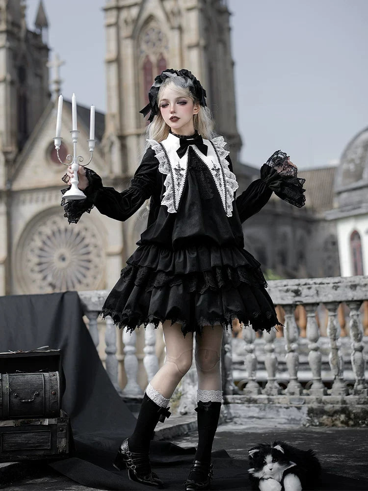 With PUJI - Dawn Bell & Dusk Song - Gothic Lolita Velvet OP Dress, Back Zipper
