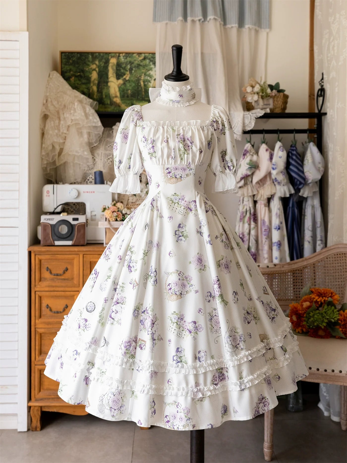 Forest Basket - Classic Lolita OP Dress Floral Print S White Corydalis