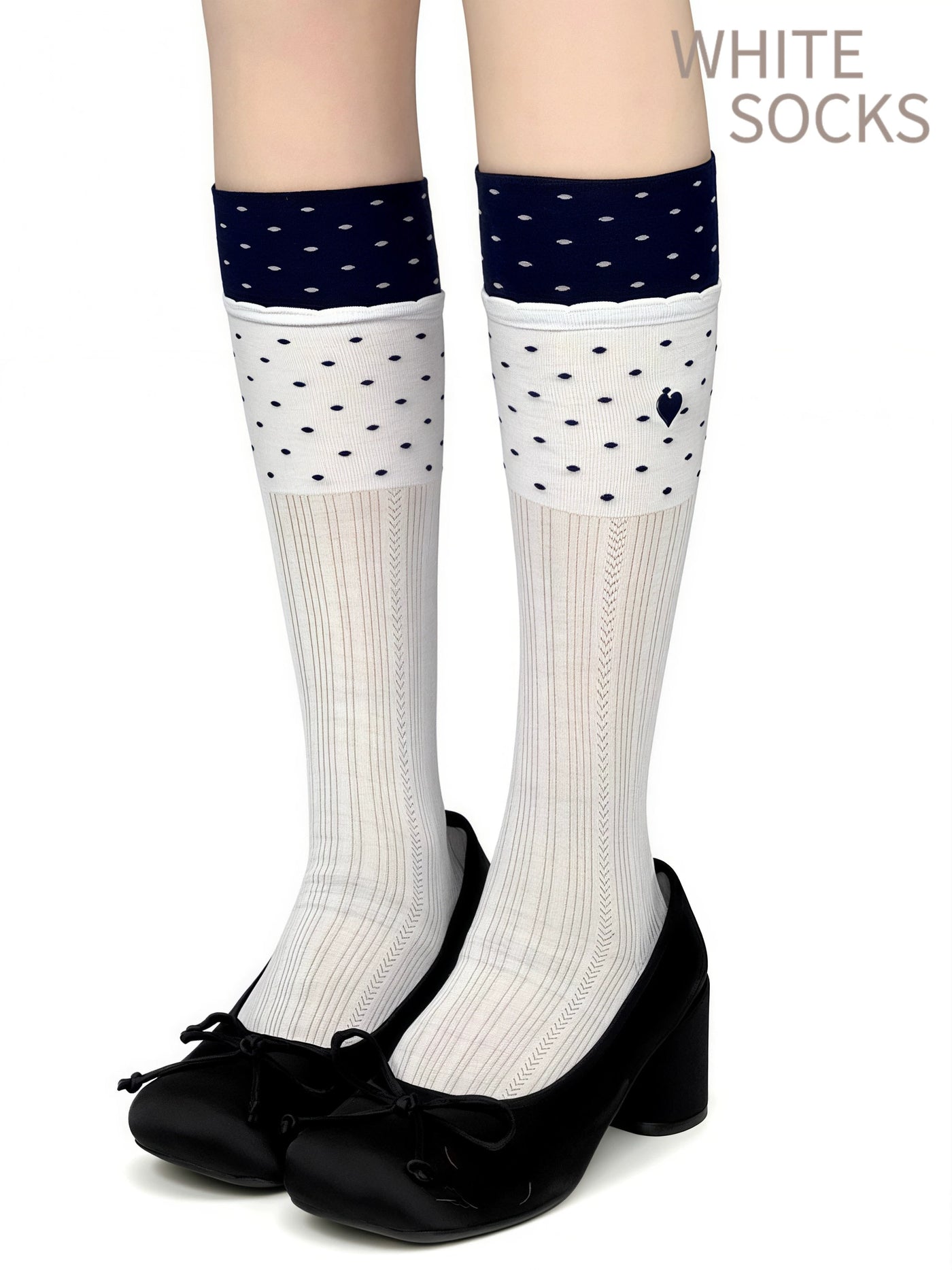 White Socks navy-and-white polka-dot mid-calf socks with contrast cuffs and black bow shoes