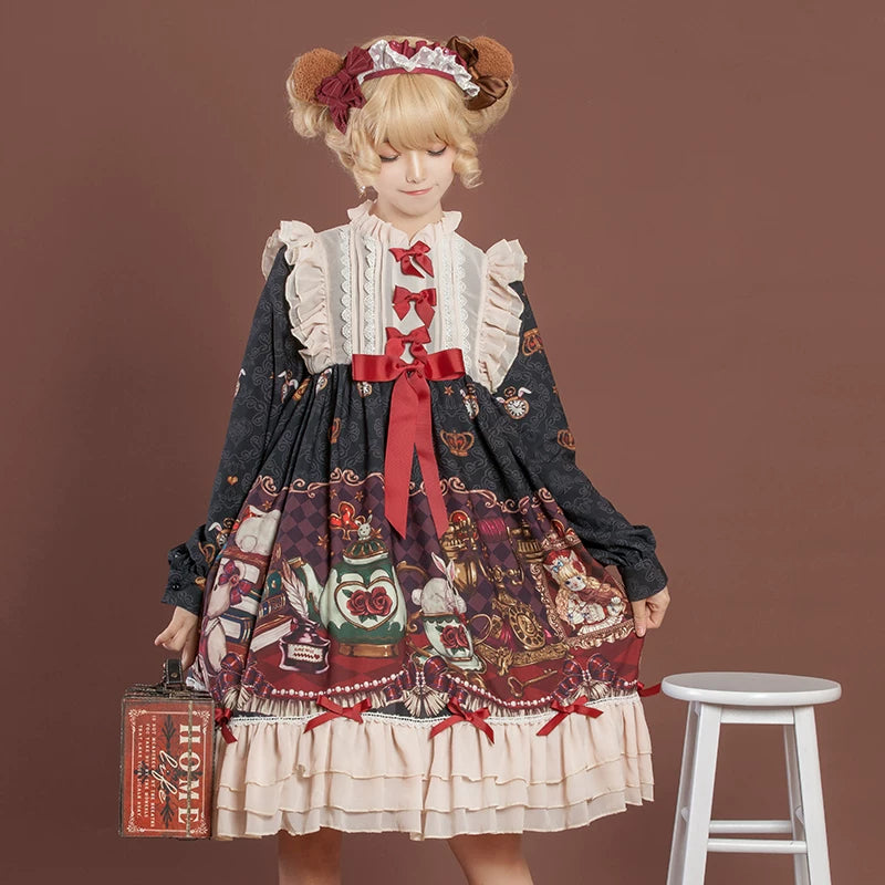 Leopard Cat Crown Bear OP dress by Lolita Fetch, featuring a cute leopard cat and crown design, perfect for daily wear.