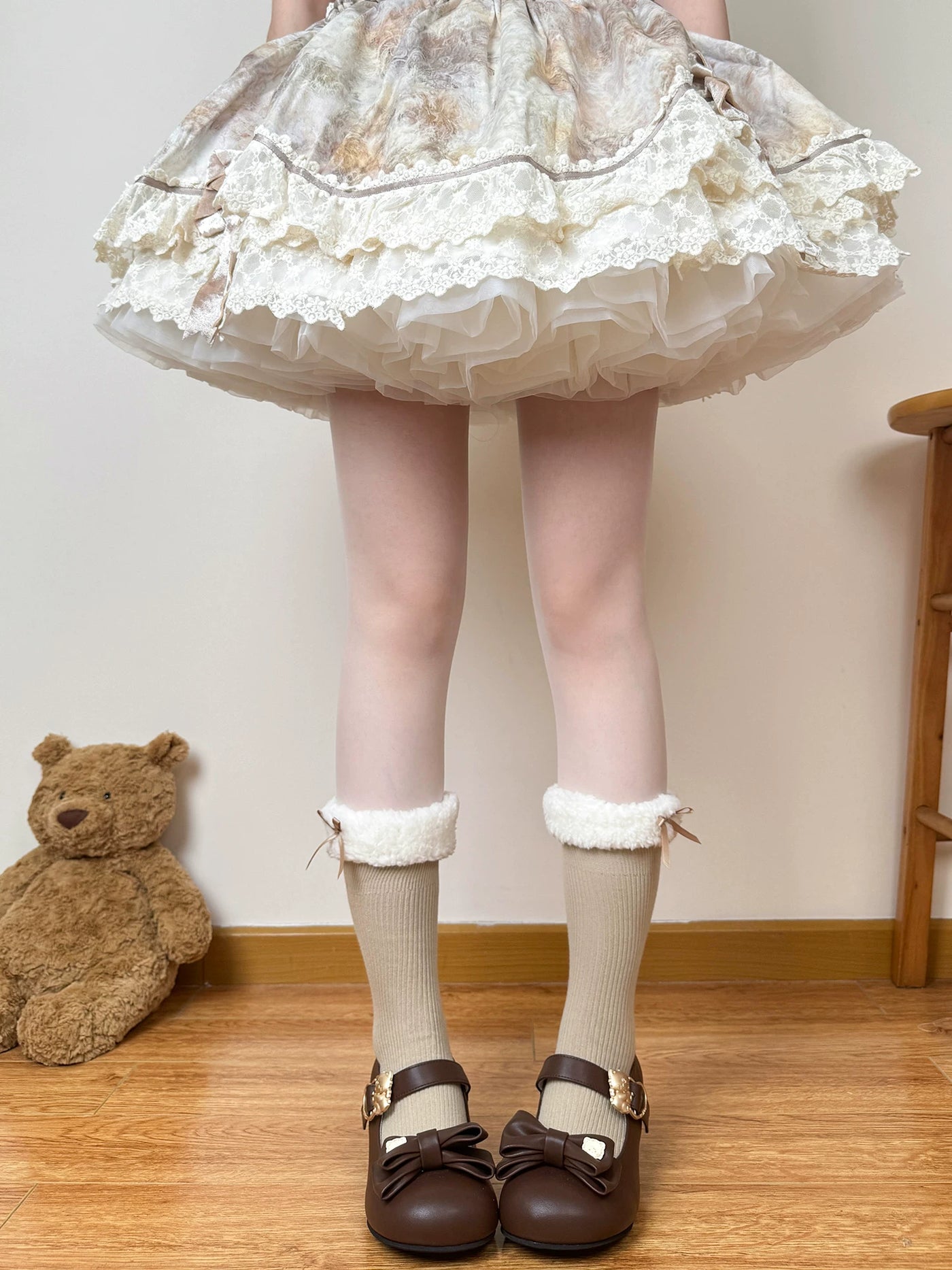 Chubby Bear Tales - Fleece Bow Layers - Fluffy Mid-Calf Socks with Ribbon Cuffs