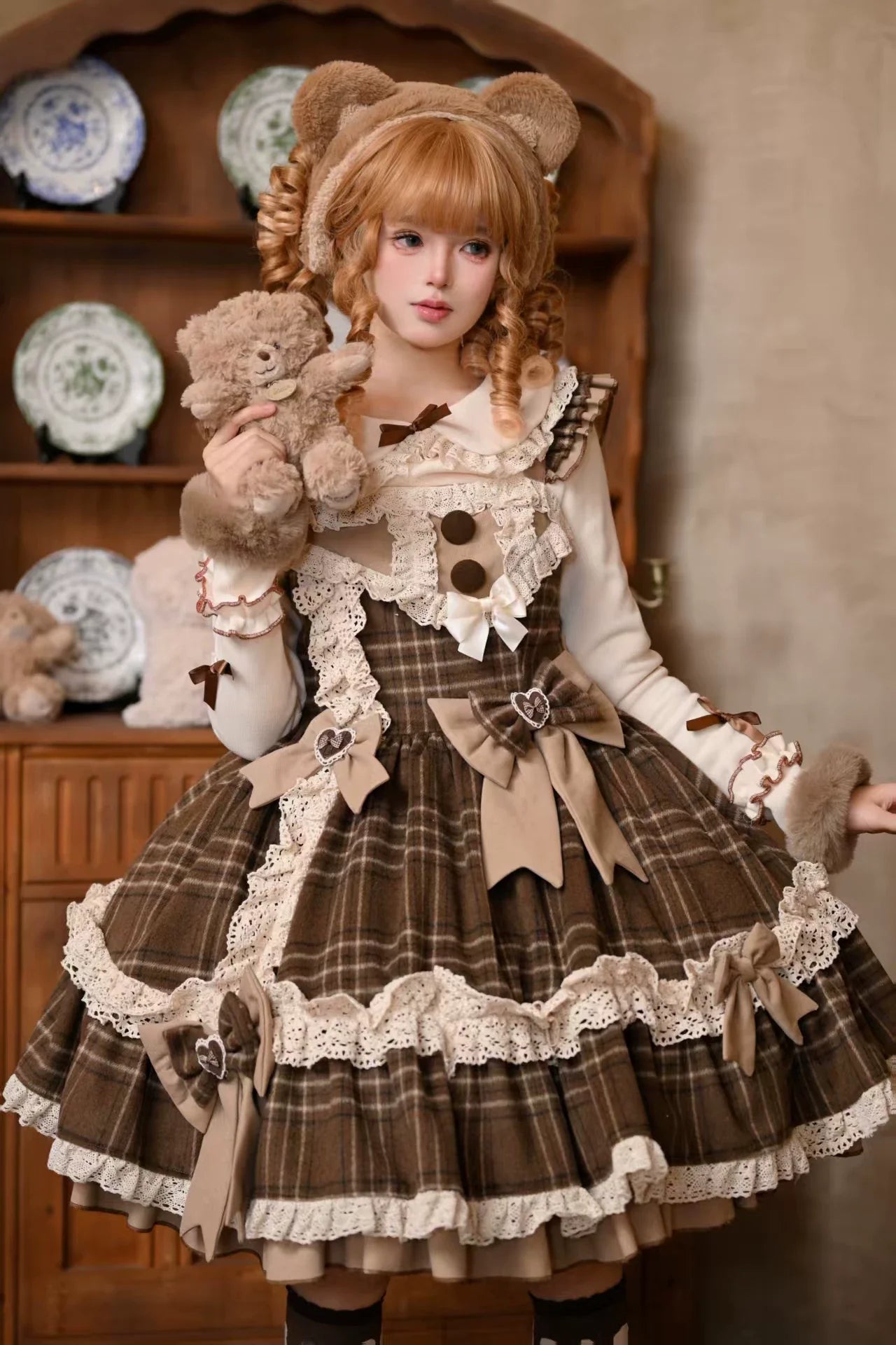 Qianmu - Choco Chestnut - Plaid Kawaii Lolita JSK Dress, Peter Pan Collar Cape