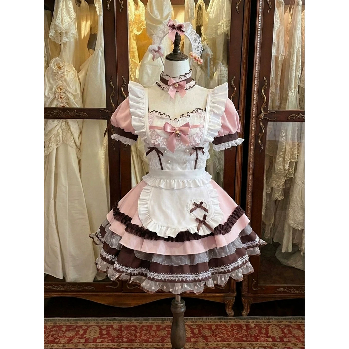 Creamy - Bow Apron Set - Pink, White and Brown Two-Piece OP Dress Set with Ruffled Apron