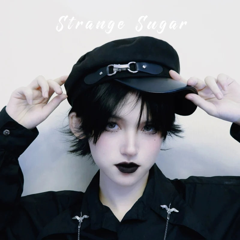Strange Sugar - Gothic Lolita Hat Leather Buckle - Lolita Newsboy Hat Headwear