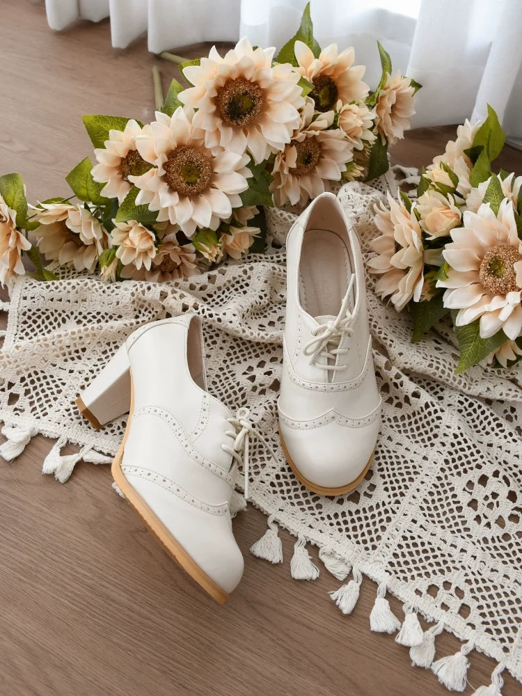 Sentaro - Retro Lolita Heel Shoes Handmade - Perforated Strap Leather Shoes Shoes