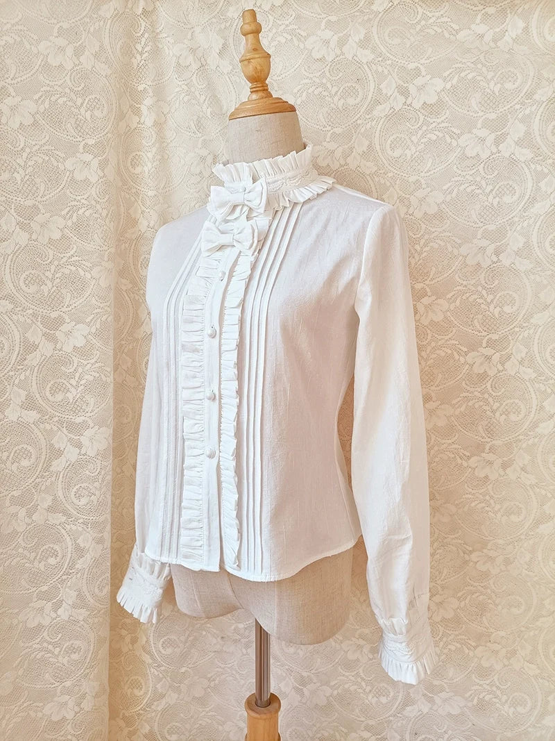 Youlan Lane - Winter Cotton - White Long-Sleeve Blouse with Lace Trim and Removable Bows - product detail 4