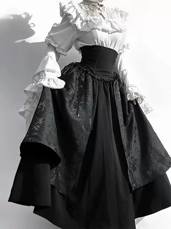 Creamy - Black-and-White Gothic - Blouse and Skirt Set with Ruffled Sleeves