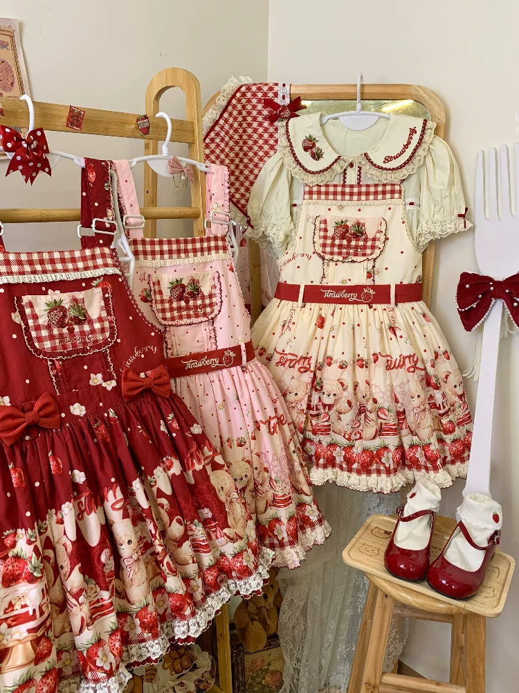 Velvet Strawberry - Sweet Printed Pinafore JSK Dress Set