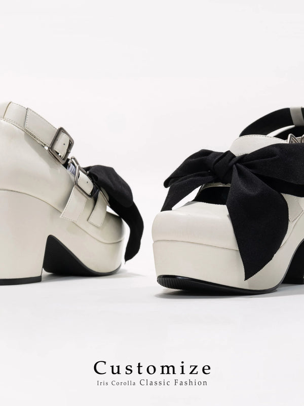 Iris Corolla Gothic Lolita white heel shoes with triple buckle straps and black bows