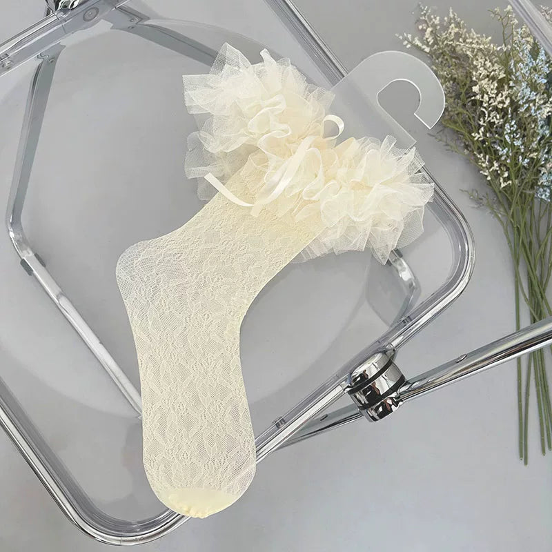 Sock Noble - Cake Doll - Mid-calf socks with pleated mesh ruffles and floral lace