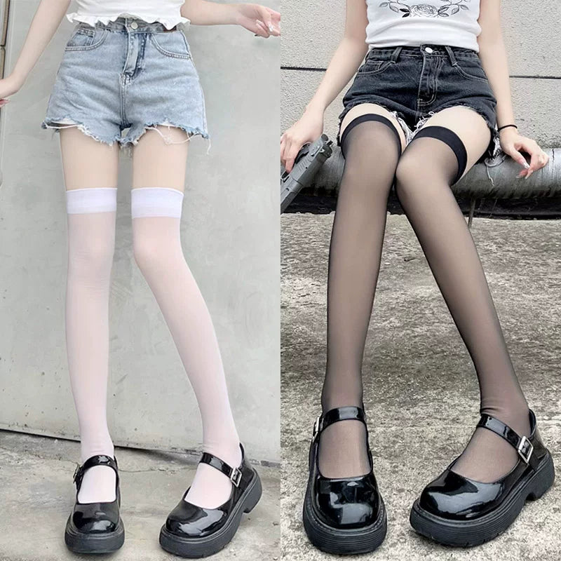 Floral Milk Cat - Sheer Thigh-High - Lightly Sheer Over-the-Knee Stockings with a Smooth Top Band