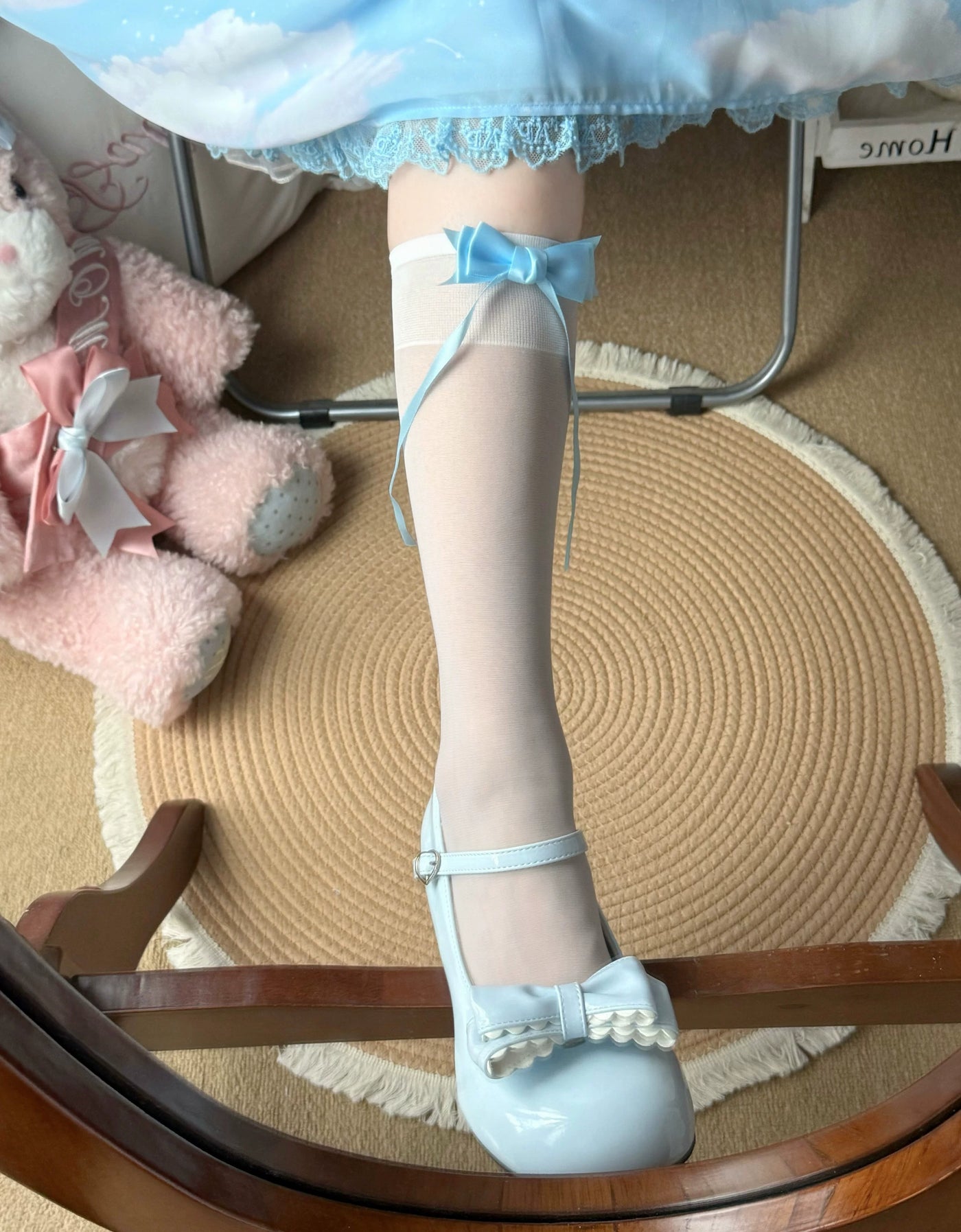 Fantasy Doll - Ribbon Contrast - Sheer Bow Mid-Calf Socks