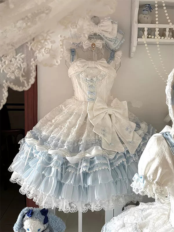 Creamy - Blue-White Love Song - Blue-and-White JSK Dress with Layered Lace