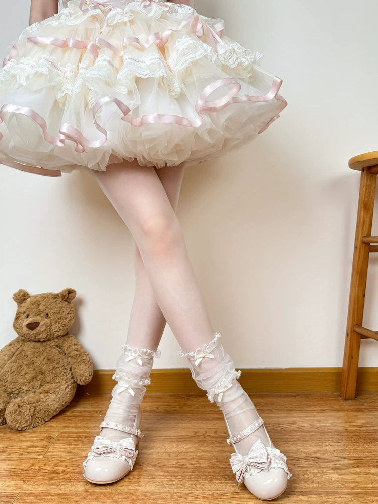 Sheer Lolita mid-calf socks with lace ruffles and ribbon bows