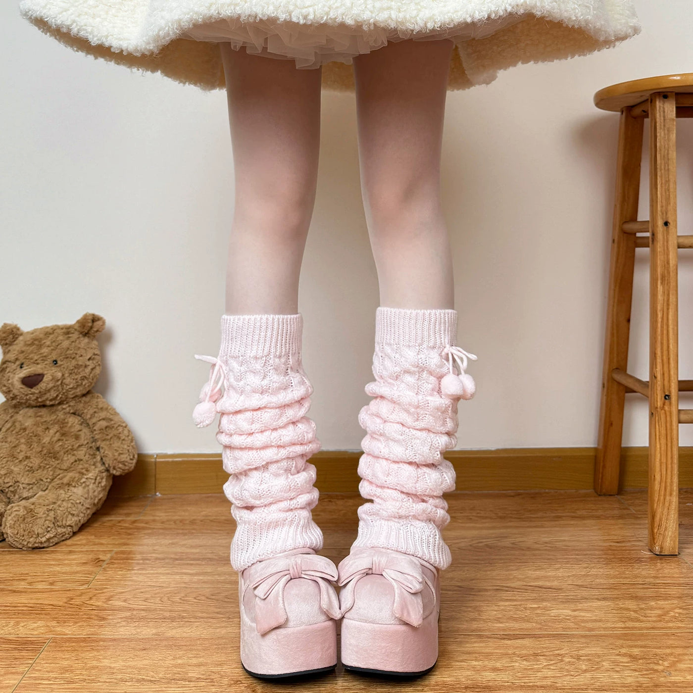 Chubby Bear Tales - Pom-Pom Cable Knit - Cable-Knit Sock Leg Warmers with Pom-Pom Ties