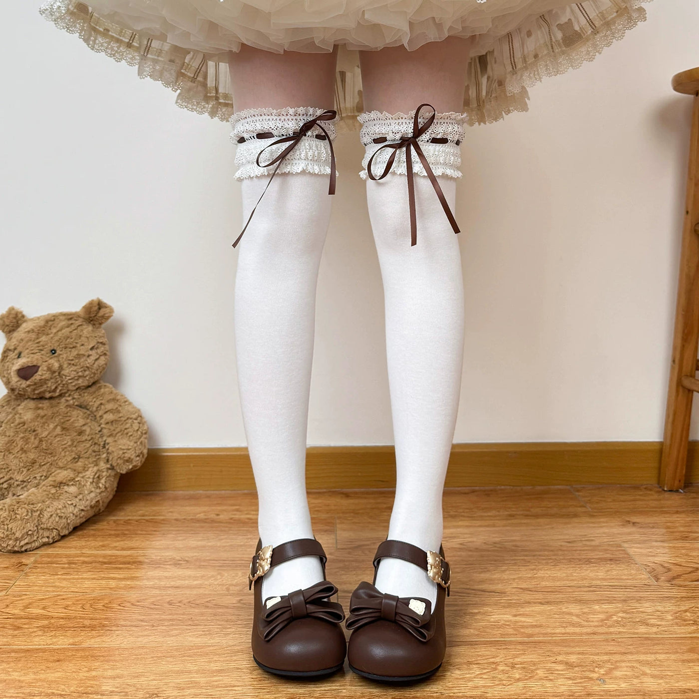 Chubby Bear Tales - Caramel Cocoa - Lace-Ruffle Socks with Ribbon Bows