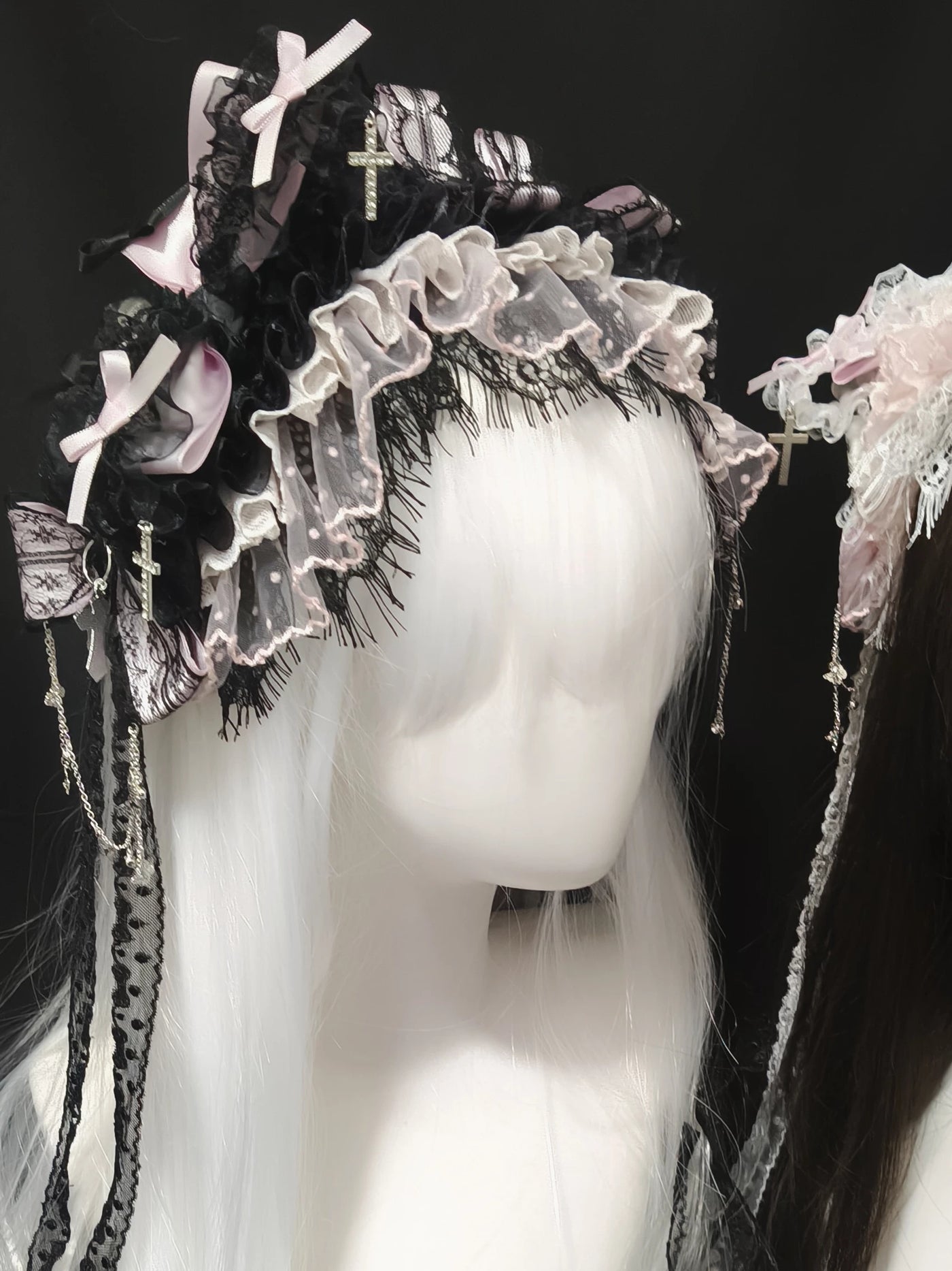 Dokisuru - Cross Lace - Heavily Embellished Lace Hairband with Bows and Cross Accents
