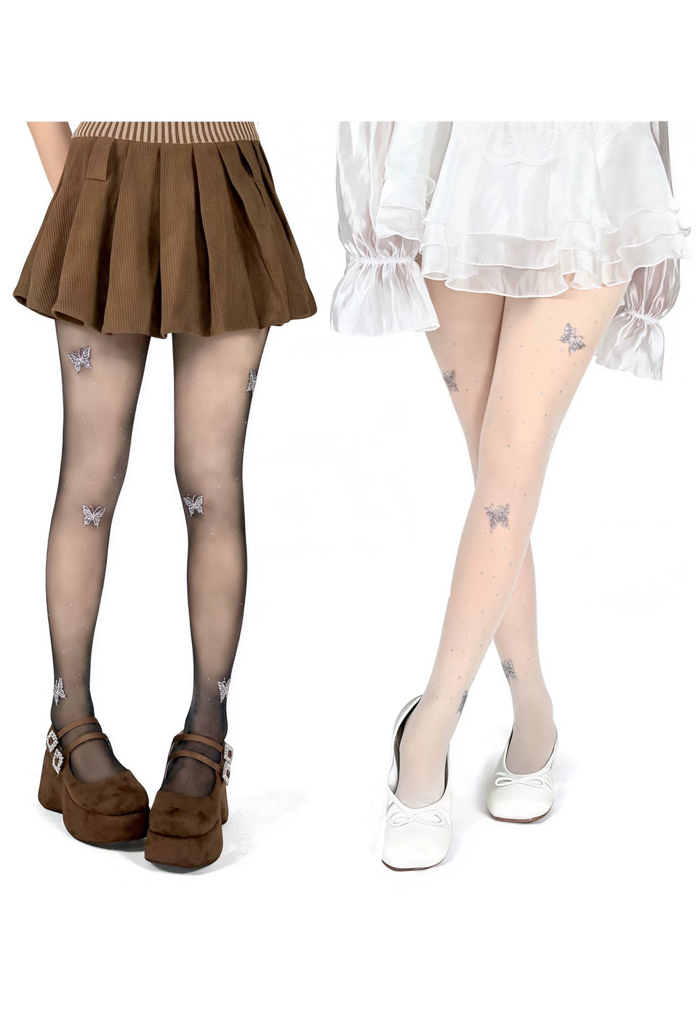 Black and white tights with scattered rhinestones and bow motifs.