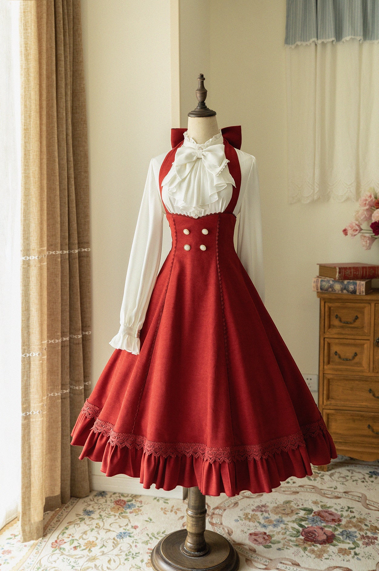 South of the Forest - Vintage Classic Lolita Halter JSK Dress, French Style Blouse S Retro Red - Brushed Fabric JSK Only