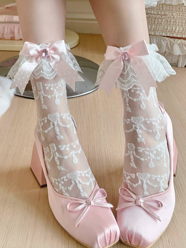 roji roji pink polka-dot socks with lace and ribbon bow details