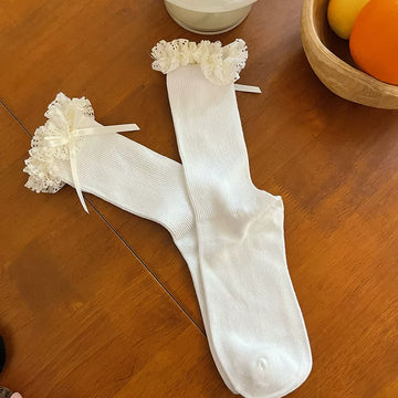 Sock Noble - Ruffle Bow - Scrunched Mid-Calf Socks with Ruffled Lace Cuffs