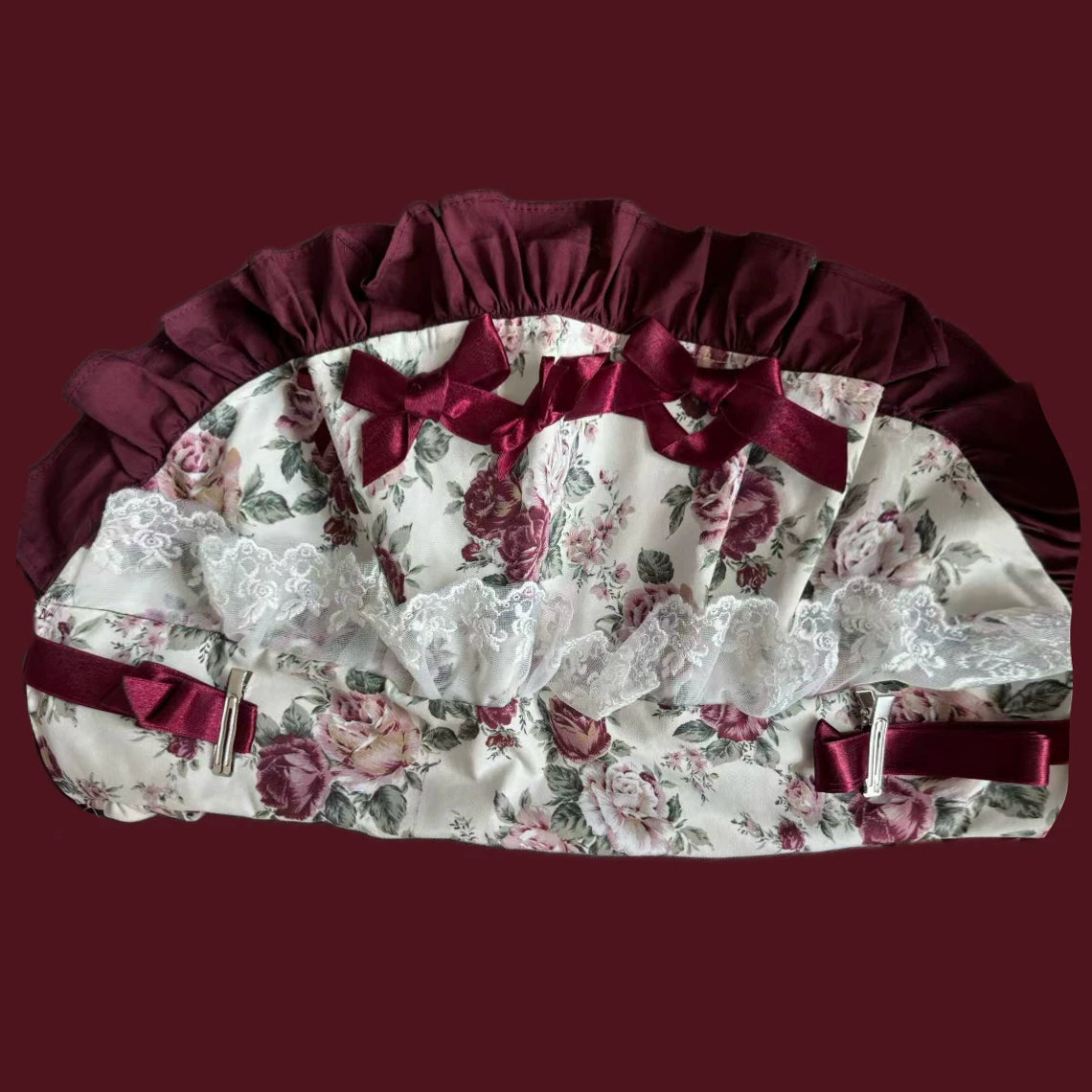 Tata Long Ear - Burgundy Roses - JSK Dress with Pale Rose Print and Tiered Ruffles