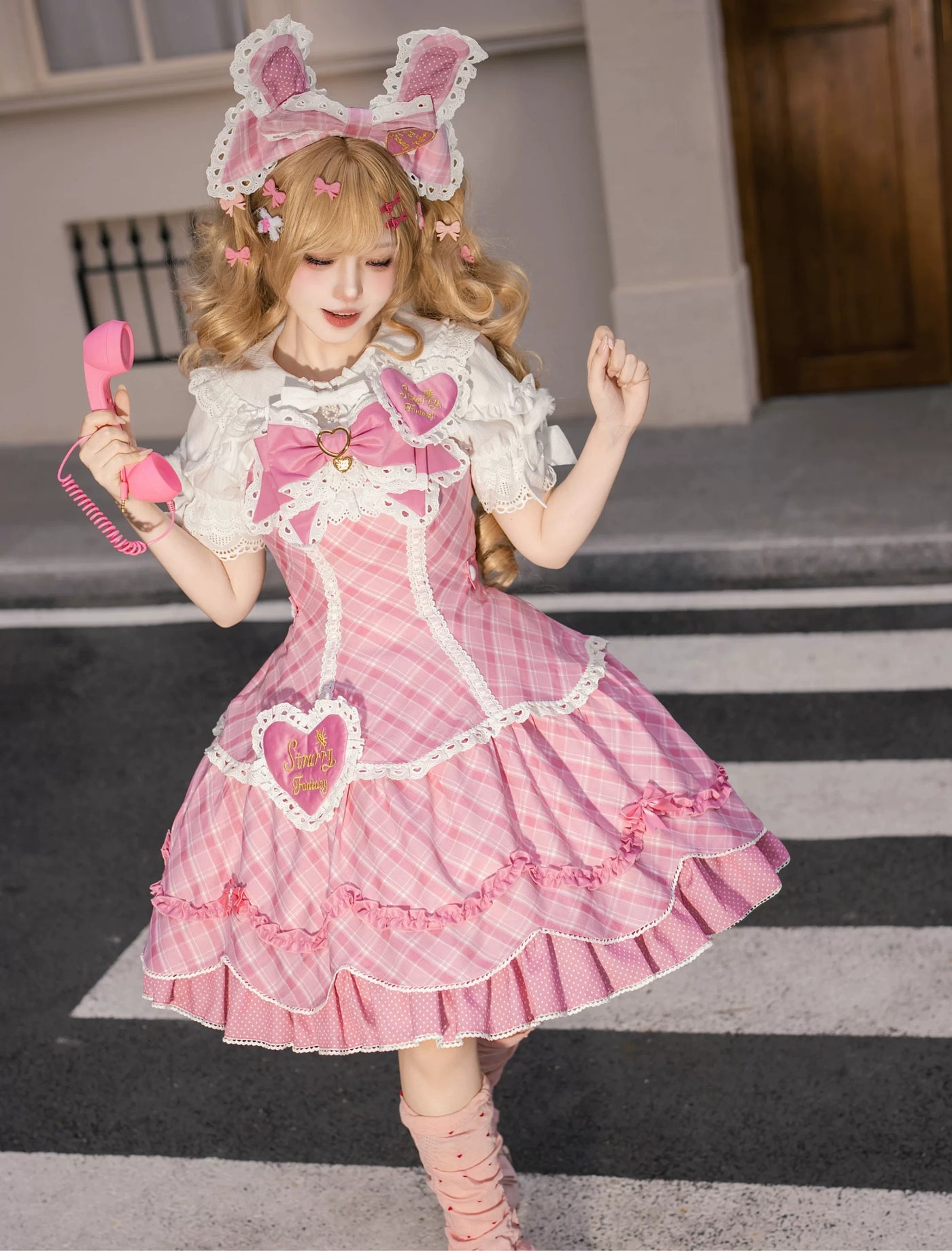 Star Fantasy - Shibuya Sweetheart - Checked OP Dress with Heart Appliqués and Lace Trim