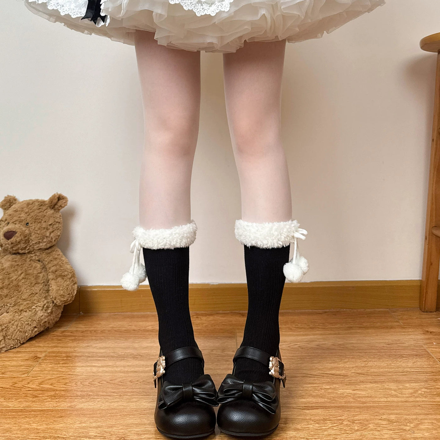 Chubby Bear Tales - Fluffy Winter - Mid-Calf Scrunch Socks with Pom-Pom or Bow Cuffs