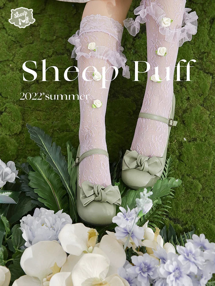 Sheep Puff Mary Jane shoes with rounded bow and grape-colored accents, featuring a cute, playful design for kids.