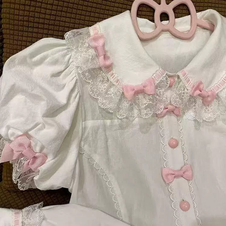 Sweetheart Dream Machine - Pink Bow - White Blouse with Lace Trim and Pink Bows