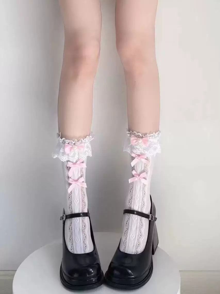 Yellow and blue color-block lace-trimmed Lolita mid-calf socks